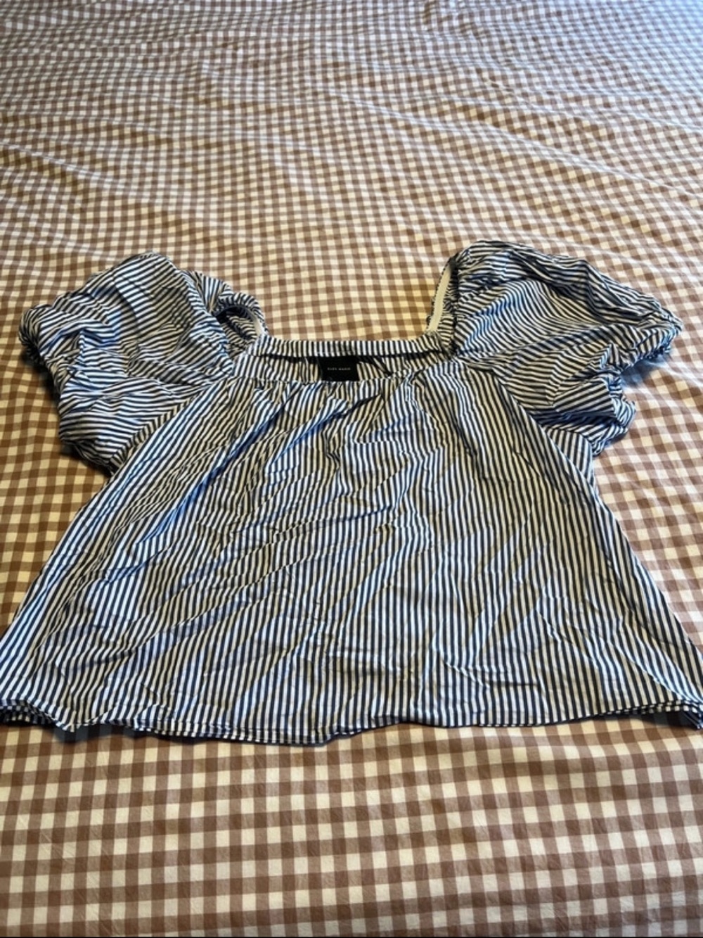 Alex Marie Blue and White Striped Puff Sleeve Top